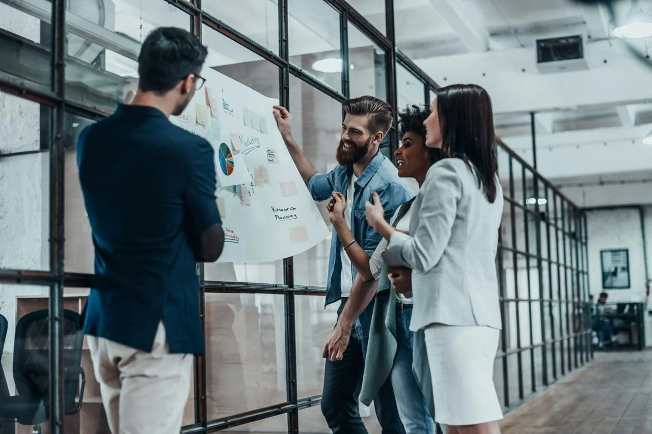 Consulting team presenting a marketing plan on a board — Talk2Us Consulting Group, St. Petersburg FL.